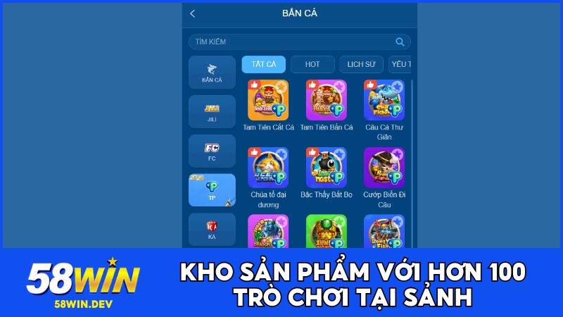 Kho sản phẩm với hơn 100 trò chơi tại sảnh