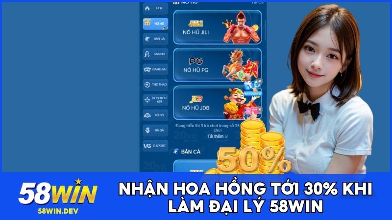 Nhận hoa hồng tới 30% khi làm đại lý 58WIN