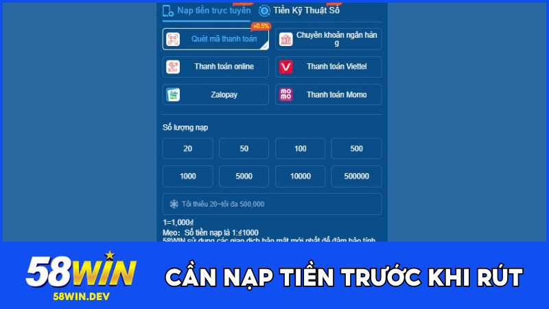 Tài khoản phải phát sinh nạp tiền trước khi muốn rút